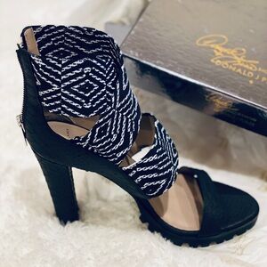 NIB! Donald & Lisa Pliner Signature B&W+Python Leather High Platform Sandals 8.5